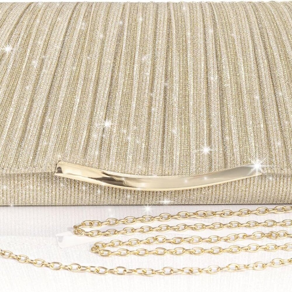 Evening Clutch Bag Women's Formal Sparkling Gold with Detachable Chain